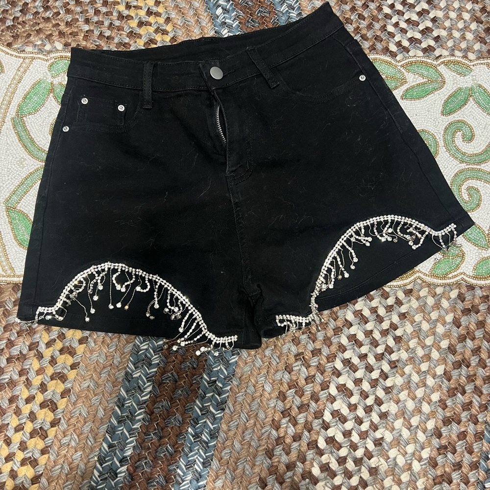 SHEIN Black Denim Shorts with Pearl Bead Fringe